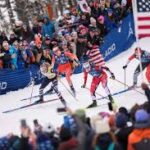 Jessie Diggins competes in the team sprint at the Lake Placid World Cup finale