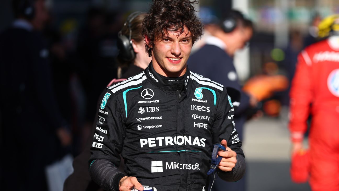 Mercedes F1 driver Kimi Antonelli celebrating pole position for the Japanese Grand Prix at Suzuka circuit