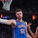 Oklahoma City Thunder center Jaylin Williams shooting a three-pointer during a game