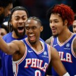 Tyrese Maxey driving to the basket for the Philadelphia 76ers in comeback victory over Charlotte Hornets