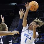 UCLA Bruins women's basketball team celebrating NCAA tournament victory over California Baptist