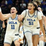 UConn and UCLA players celebrating during the 2026 Women's NCAA Tournament Elite Eight