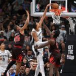 Victor Wembanyama celebrating after recording a historic fast double-double for the San Antonio Spurs