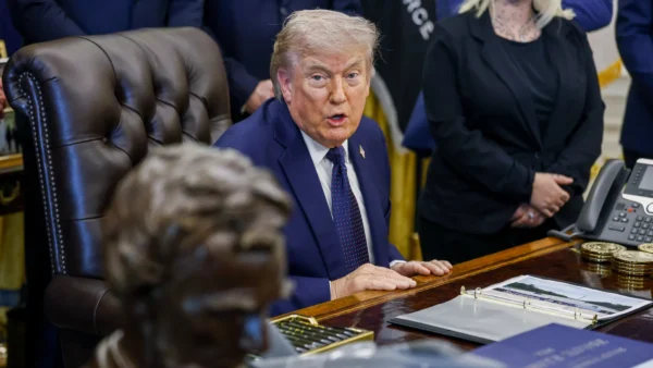 President Trump speaks during a press conference in the Oval Office this week. Photo: Will Oliver/EPA/Bloomberg via Getty Images