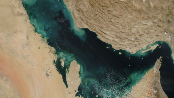 Satellite map view of the Persian Gulf and Strait of Hormuz region
