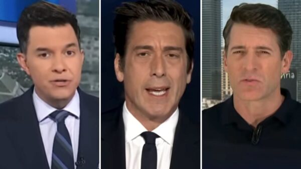 ABC News anchor David Muir on set with weekly ratings graphics showing ABC leading CBS and NBC