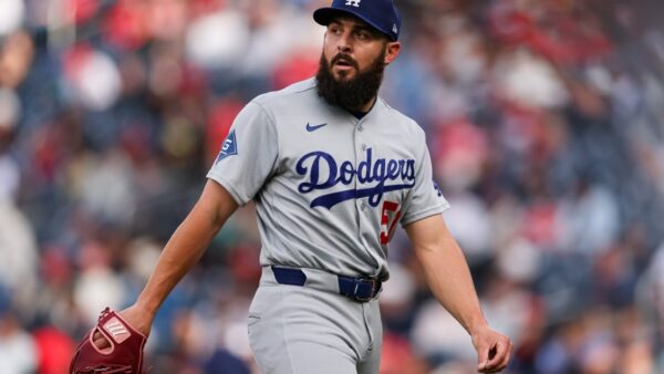 Los Angeles Dodgers reliever Alex Vesia pitching in Toronto against the Blue Jays