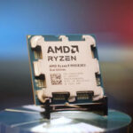 AMD Ryzen 9950X3D2 CPU on a motherboard, showcasing its design and AM5 socket