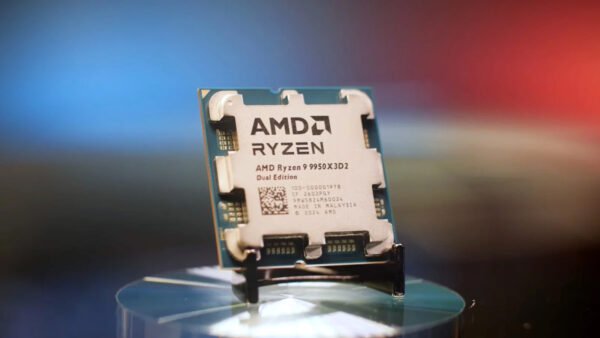 AMD Ryzen 9950X3D2 CPU on a motherboard, showcasing its design and AM5 socket