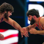 Arman Tsarukyan celebrates his victory over Georgio Poullas at RAF 7 wrestling event