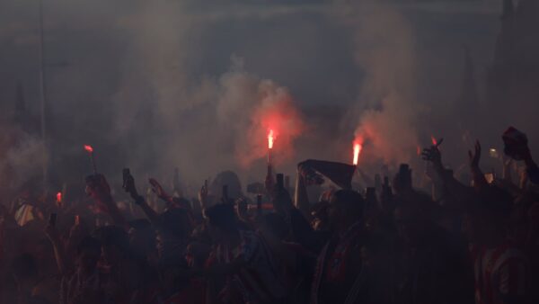Atlético Madrid players celebrating their 2-0 Champions League victory over Barcelona at the Metropolitano stadium
