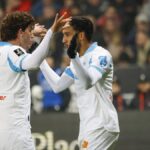 Pierre-Emerick Aubameyang celebrates his late winning goal for Marseille against Metz