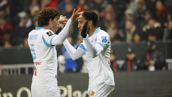 Pierre-Emerick Aubameyang celebrates his late winning goal for Marseille against Metz