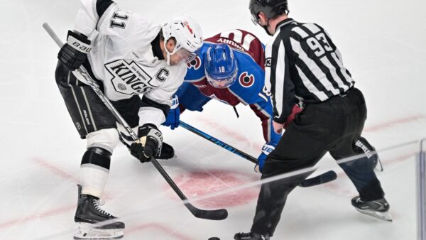 Colorado Avalanche players face off against Los Angeles Kings in NHL playoffs Game 2 action