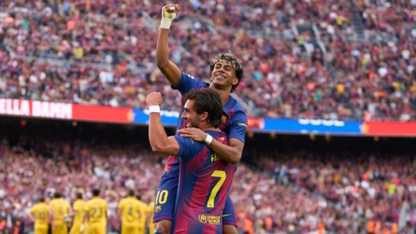 Barcelona players celebrating a goal during their 4-1 LaLiga win over Espanyol at Camp Nou