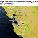 Map or graphic showing Bay Area weather forecast for coolest day with rain and wind fronts