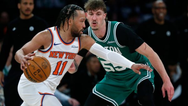 Baylor Scheierman shooting a three-pointer against the New York Knicks at Madison Square Garden