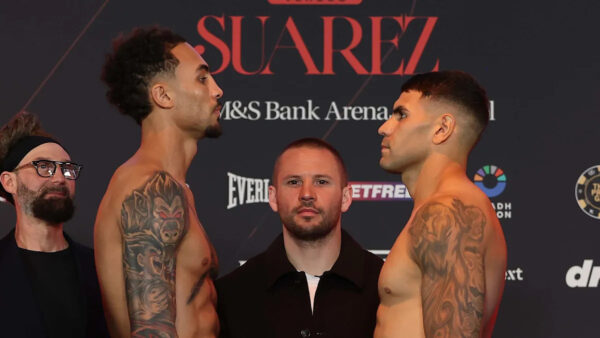 Ben Whittaker celebrates first-round knockout victory over Braian Suarez at Liverpool Arena