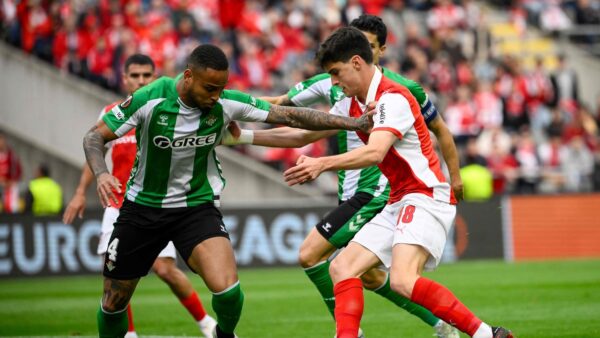 SC Braga players celebrate 1-0 victory over Real Betis in Europa League quarterfinal first leg