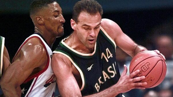 Brazilian basketball legend Oscar Schmidt, known as the Holy Hand, in action