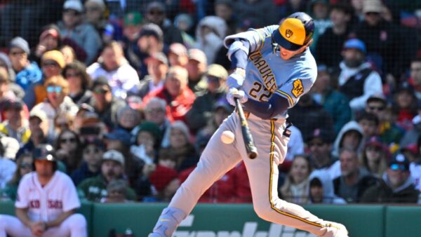 Milwaukee Brewers players wearing new City Connect uniforms during game against Washington Nationals