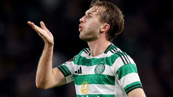 Celtic forward Benjamin Nygren celebrates a goal, attracting Premier League transfer interest