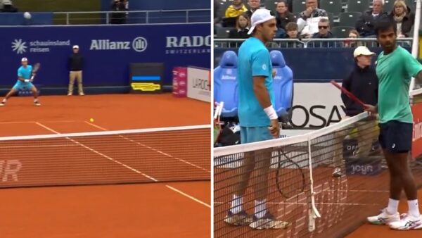 Francisco Cerúndolo corrects an electronic line call during his ATP Munich match against Sumit Nagal