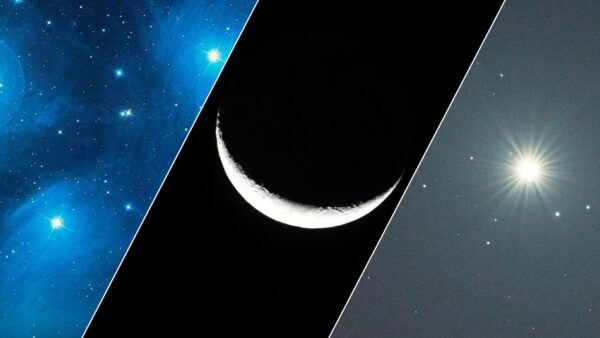 Crescent moon, Venus, and Pleiades star cluster alignment in the western sky on April 19, 2026