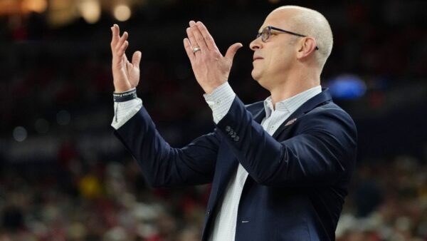UConn coach Dan Hurley showing intense sideline reactions during the NCAA Final Four semifinal game