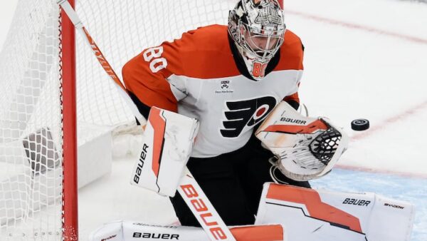 Philadelphia Flyers goalie Dan Vladař celebrates his playoff shutout victory over the Pittsburgh Penguins