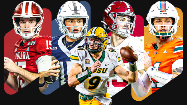 ESPN early 2026 NFL Draft quarterback projections and team fits analysis graphic
