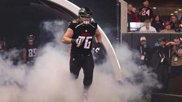 Atlanta Falcons offensive tackle Kaleb McGary on the field during practice