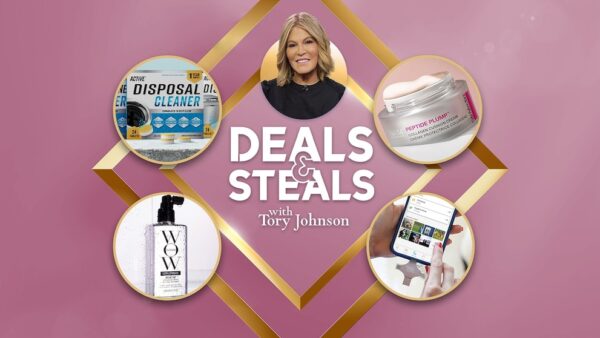Tory Johnson GMA Deals & Steals promotional banner featuring NYDJ and other brand logos with up to 75% off text