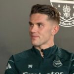 Arsenal striker Viktor Gyokeres giving an interview about the title chase