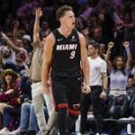 Miami Heat rookie guard Pelle Larsson driving to the basket during an NBA game