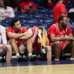 Illinois State Redbirds huddle during NIT semifinal loss to Auburn Tigers at Hinkle Fieldhouse