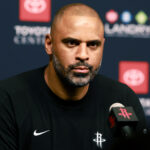 Houston Rockets coach Ime Udoka looks on during a game against the Los Angeles Lakers