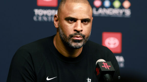 Houston Rockets coach Ime Udoka looks on during a game against the Los Angeles Lakers