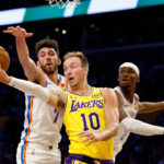 Injured Los Angeles Lakers players on bench during loss to Oklahoma City Thunder