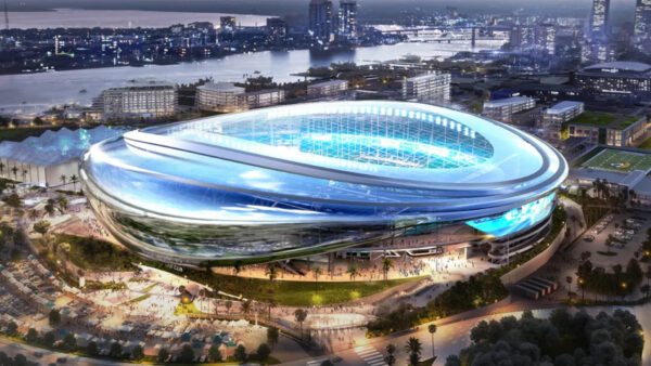Jacksonville Jaguars team logo and Camping World Stadium in Orlando for 2027 home games
