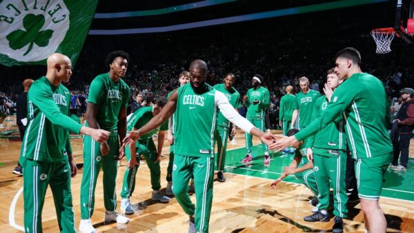 Jaylen Brown celebrating a Celtics win during the 50-win season