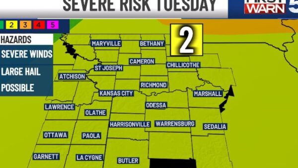 Kansas City metro area weather map showing storm threat and tornado watch status