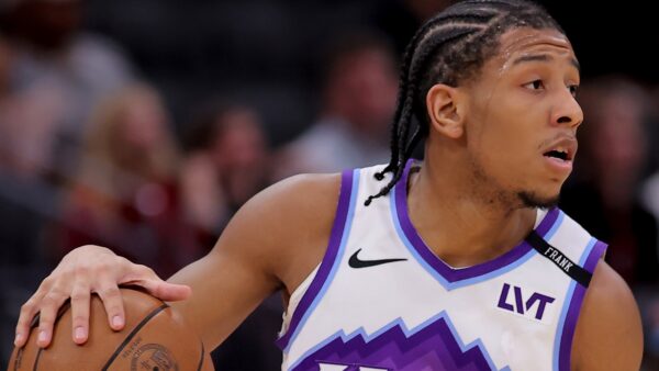 Kennedy Chandler Utah Jazz point guard driving to the basket during an NBA game