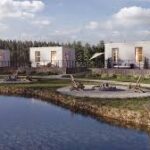 Aerial or conceptual rendering of the new Las Vegas tiny-home community with modern small houses and shared green spaces