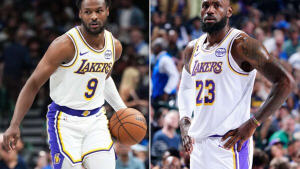 LeBron James shows frustration with son Bronny James after a bad pass during Lakers vs Mavericks game