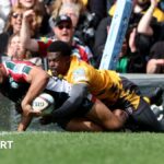 Gabriel Hamer-Webb scoring a try for Leicester Tigers in their 62-3 victory over Newcastle Red Bulls