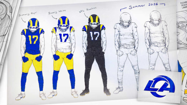 Los Angeles Rams 2026 refreshed uniforms and brand logos on display