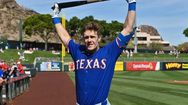 Mark Canha in a Texas Rangers uniform during spring training