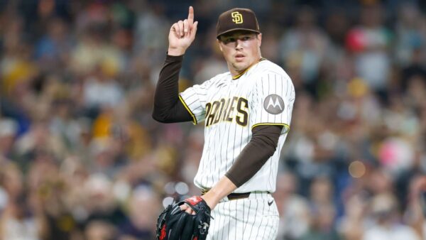 San Diego Padres pitcher Mason Miller warming up during a 2026 MLB game