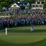 Masters sudden-death playoff action on the 18th hole at Augusta National